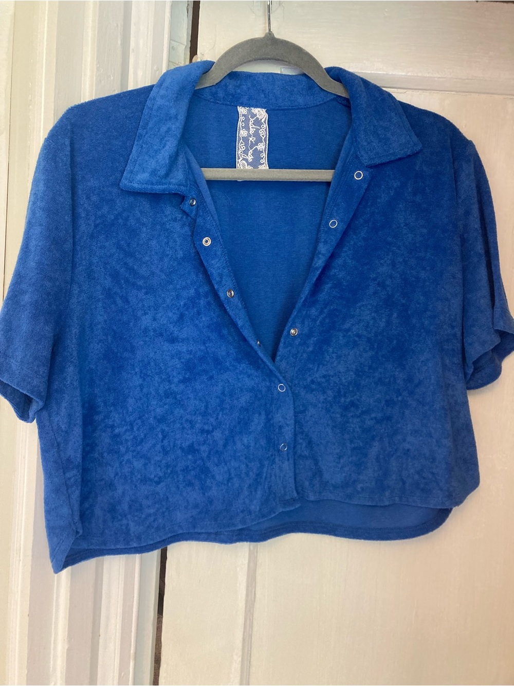 Sadie & Sage Royal Blue Terry Snap-Front Cropped Shirt